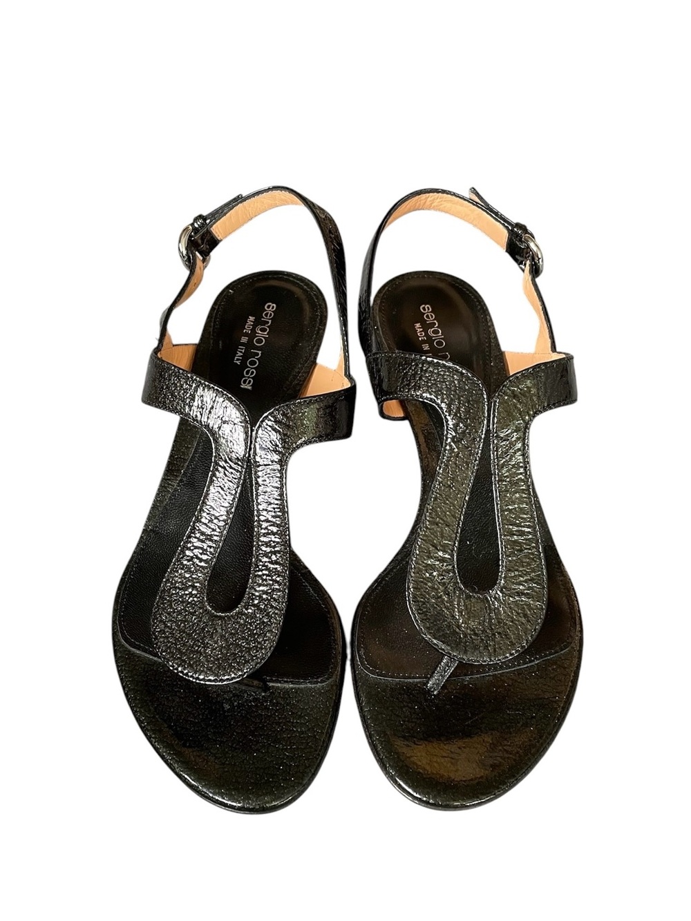 Sergio Rossi Black Patent Leather T-Strap Sandals With Block Heel 37